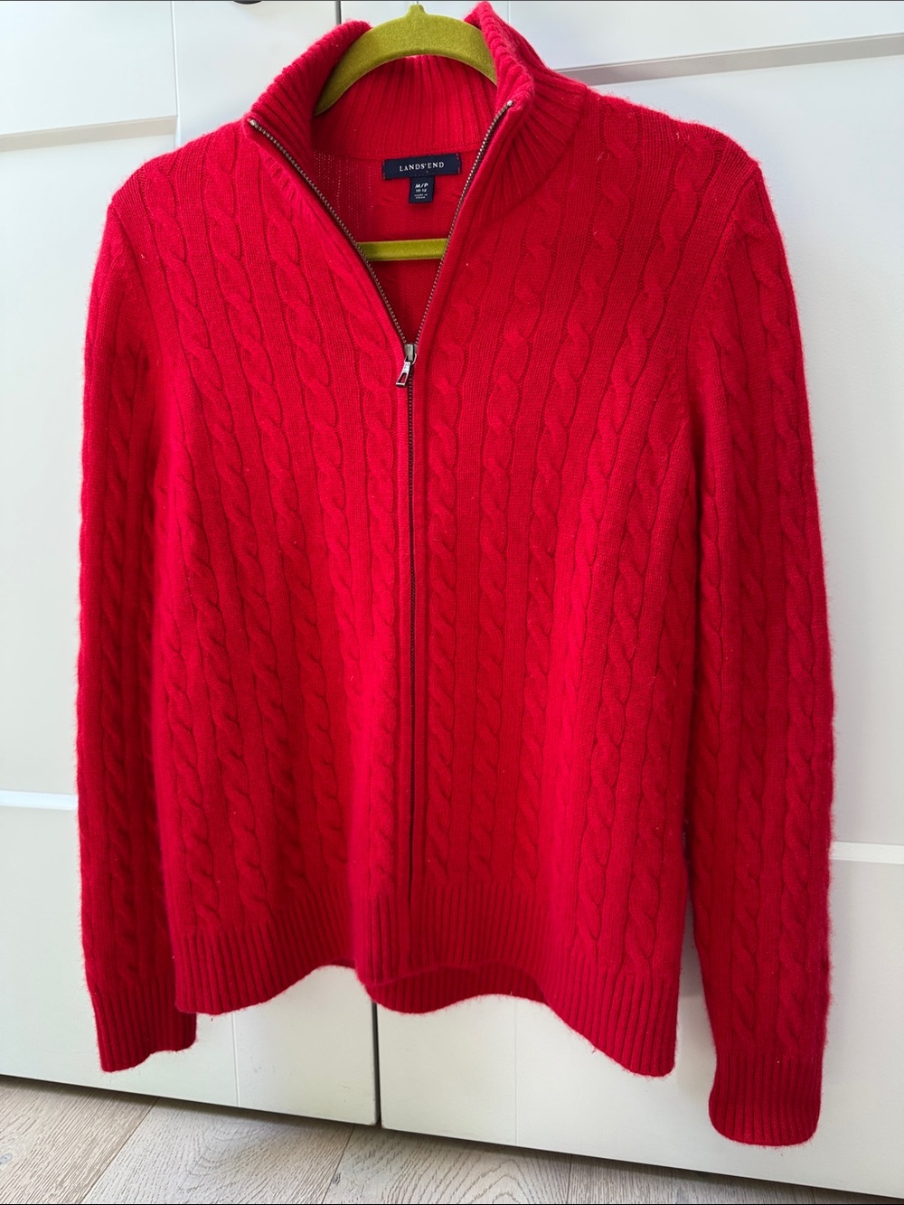 Lands' End Women's Cashmere Red Cable-Knit Full-Zip Sweater